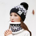 thumbnail image 3 of 2Pcs/Set Women Hat Neck Warmer Knitted Star Label Geometry Pattern Pompom Stretchy Ear Head Neck Protection Thickened Winter Thermal Beanie Cap Scarf Kit for Riding, 3 of 10