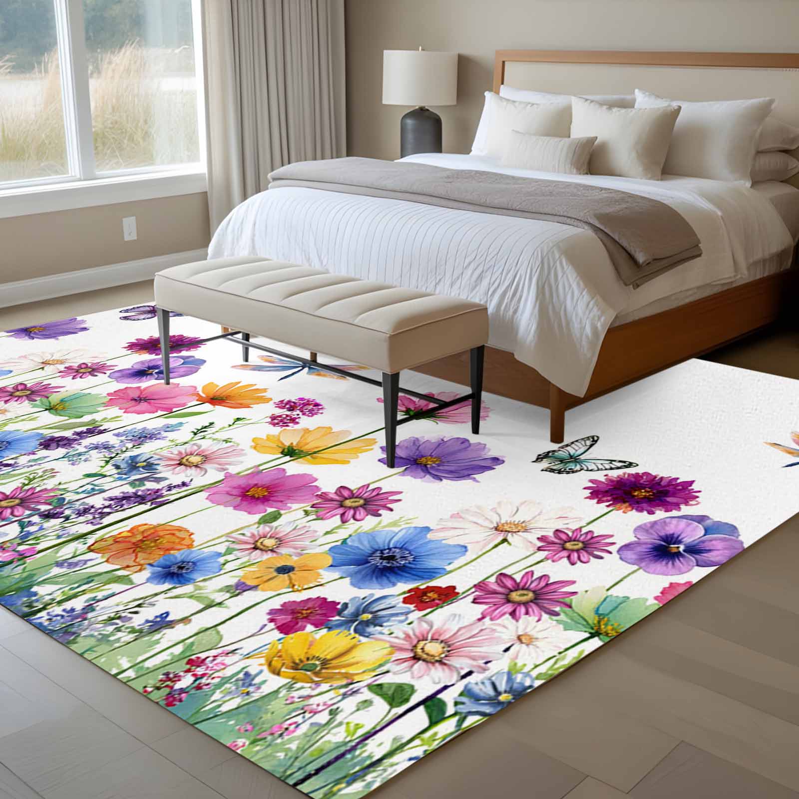 Large Area Rugs for Living Room Bedroom, Spring Flowers 8'x10' Rug Washable Carpet Runner Indoor Outdoor, Watercolor Butterfly Dragonfly Daisy Country Non Slip Floor Mats Rug for Kitchen, Patio