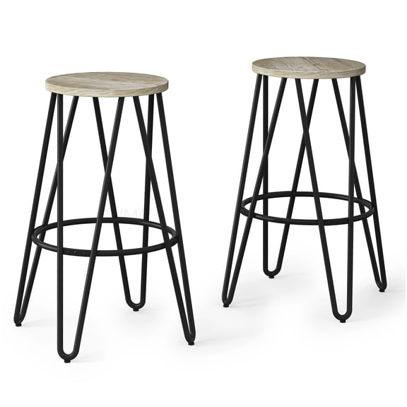 Set of 2 Industrial Bar Stools, 26 inch Counter Height Stool with Wood Top and Metal Legs