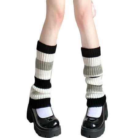 

AOOOWER Women Student Knit Leg Warmers Crochet Ribbed Rainbow Striped Lolita Boot Socks
