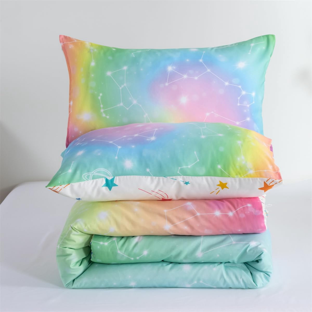 NTBED Tie Dye Constellation Rainbow Ombre Comforter Set Twin Size Gradient Galaxy Bedding Set for Kids Girls Boys Pink Green 3Pcs