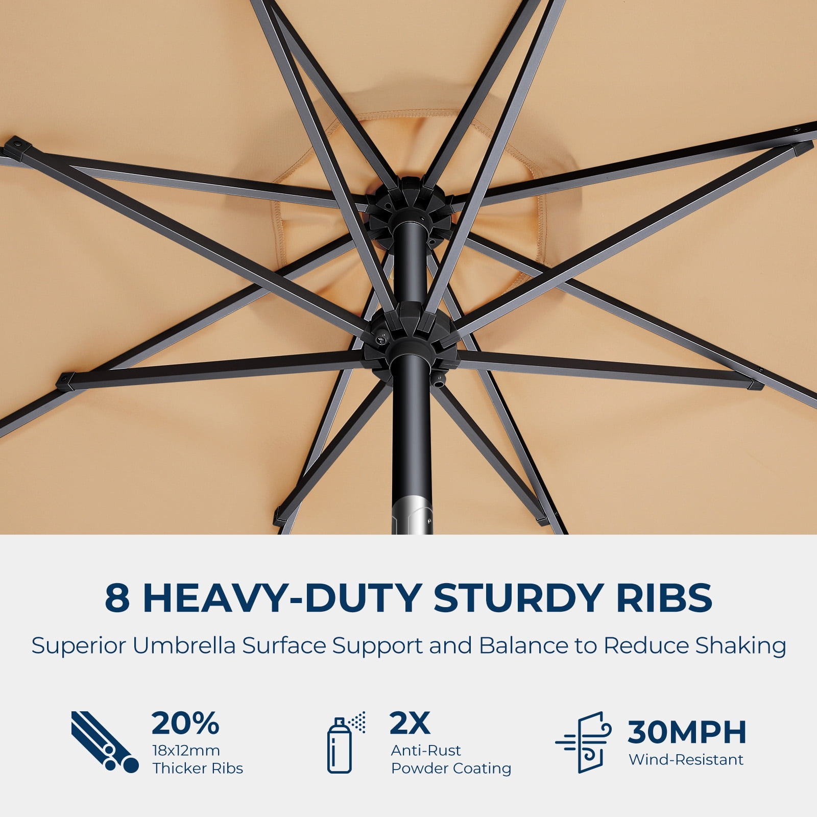 Patbrela 9FT Patio Umbrella Solar Lighted Outdoor Umbrella with LED Strips, Convenient Crank Lift System, for Beach, Gargen, Yard, Home, Pool, Beige