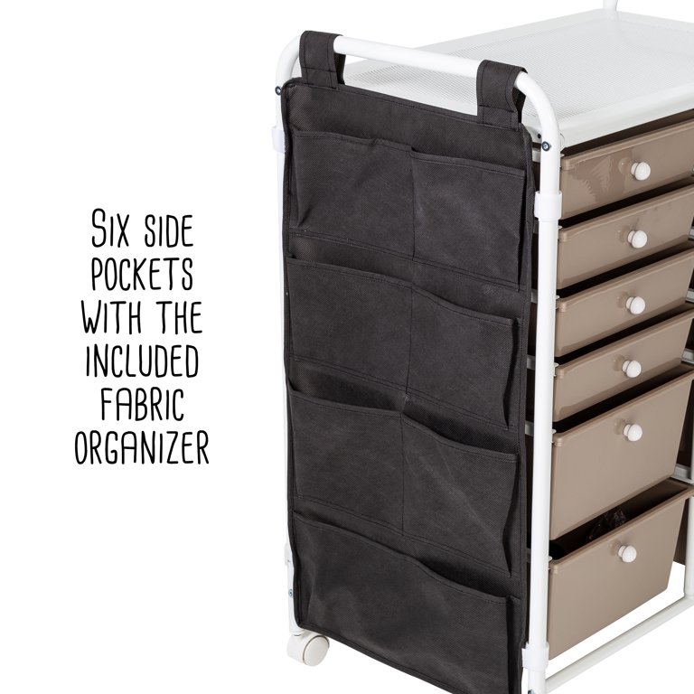 Honey-Can-Do 12-Drawer Metal Rolling Storage Cart with Black Fabric Side  Pockets, Beige/White 