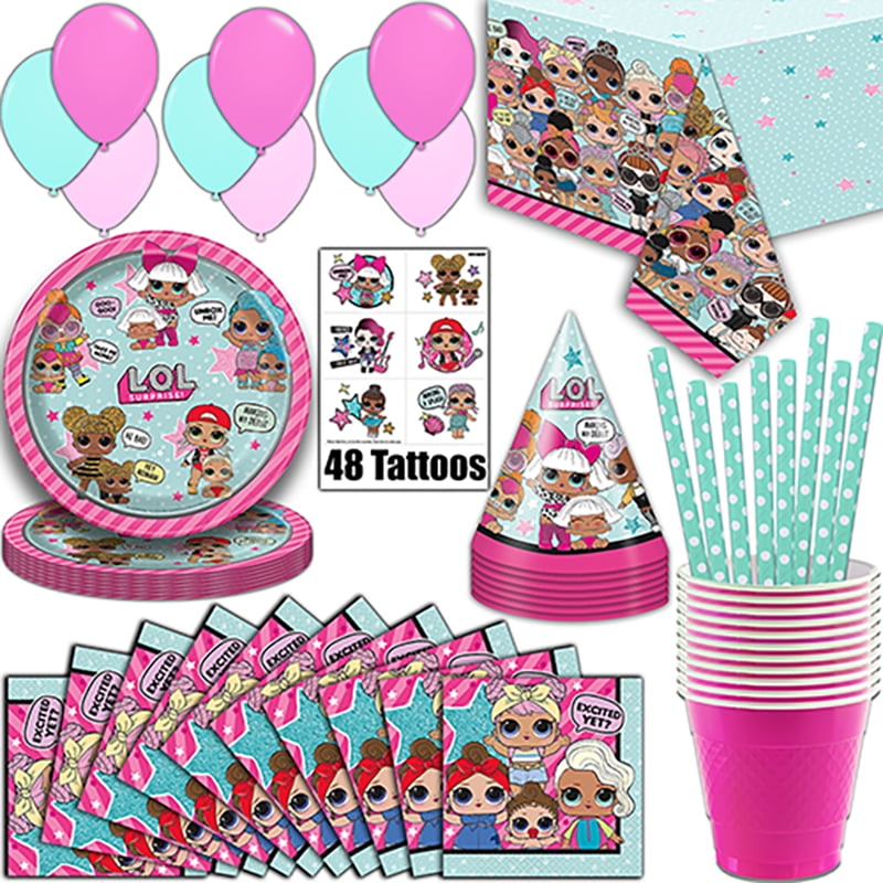 LOL Suprise Party Supplies, Serves 16 Plates, Napkins, Tablecloth, Cups, Straws, Balloons