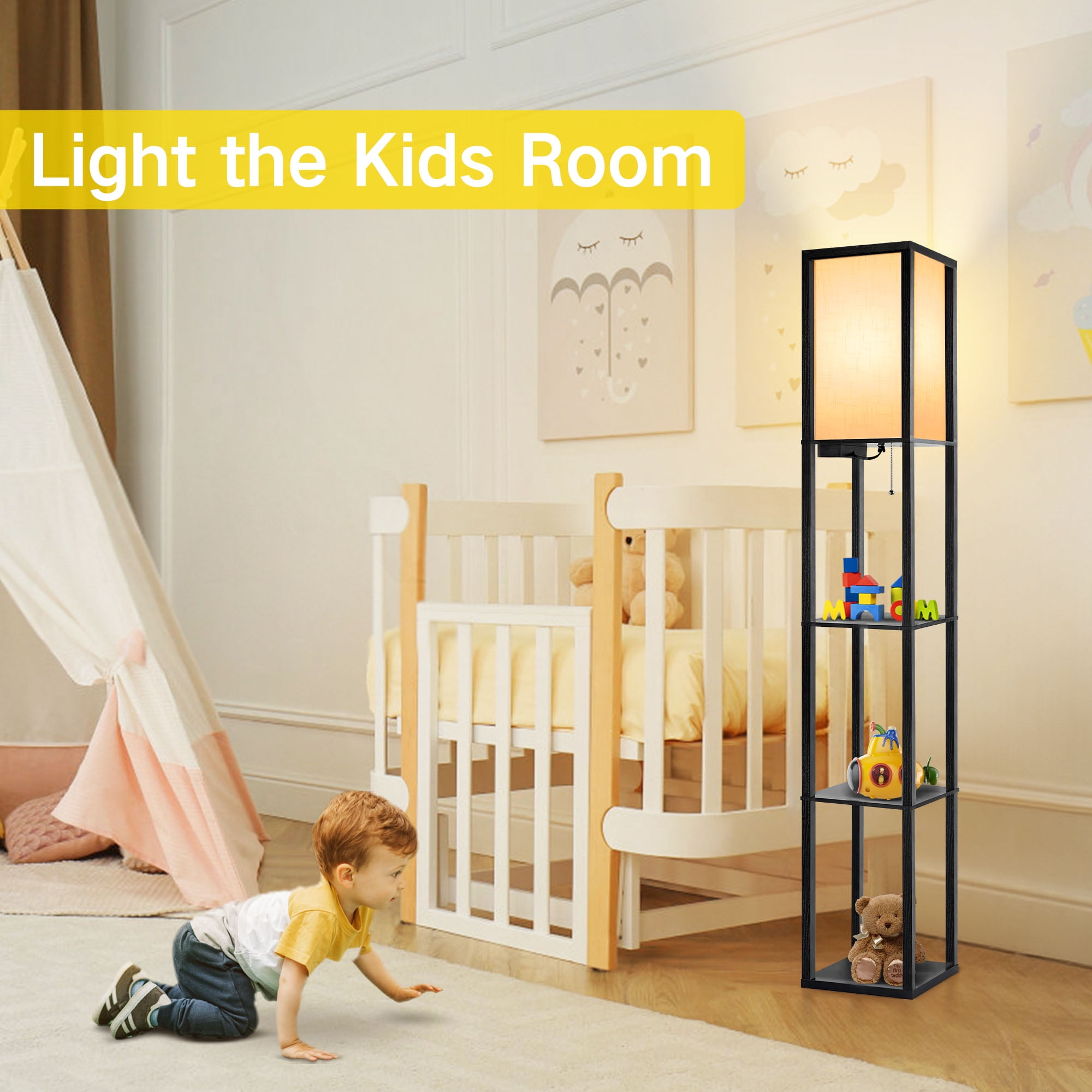 OUTON Floor Lamp with Shelves, Standing Lamp with USB & Type C & Power Outlet, 3 Color Temperature with Linenshade for Living Room, Bedroom, Black