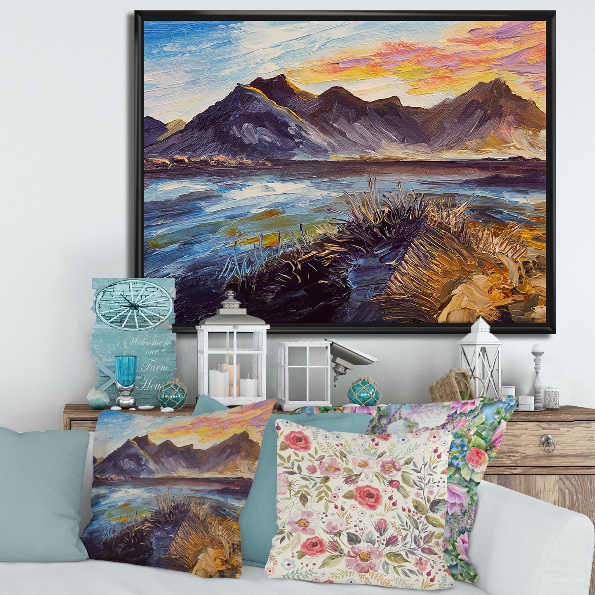 Designart 'Impression Pink Sunset Over The Mountains By The Sea' Nautical & Coastal Framed Canvas Wall Art Print
