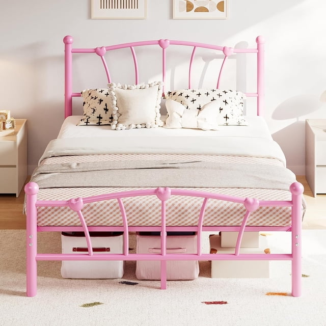 Full Bed Frame for Kids, Full Size Bed with Headboard and Footboard, Heart Shaped Platform Bed Frame, Heavy Metal Slat Support, Noiseless, No Box Spring Needed, Pink