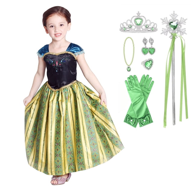 HAWEE Robe de Costume de Princesse Anna, Robe de Soirée de Luxe Verte Reine des Neiges Princesse, Déguisement pour Filles