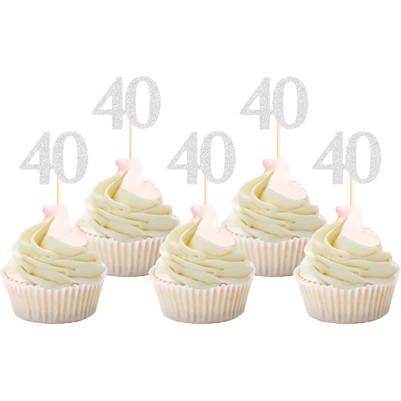 40th Birthday Cupcake Toppers, Silver Glitter, 12 Pack, Anniversary Party Decorations