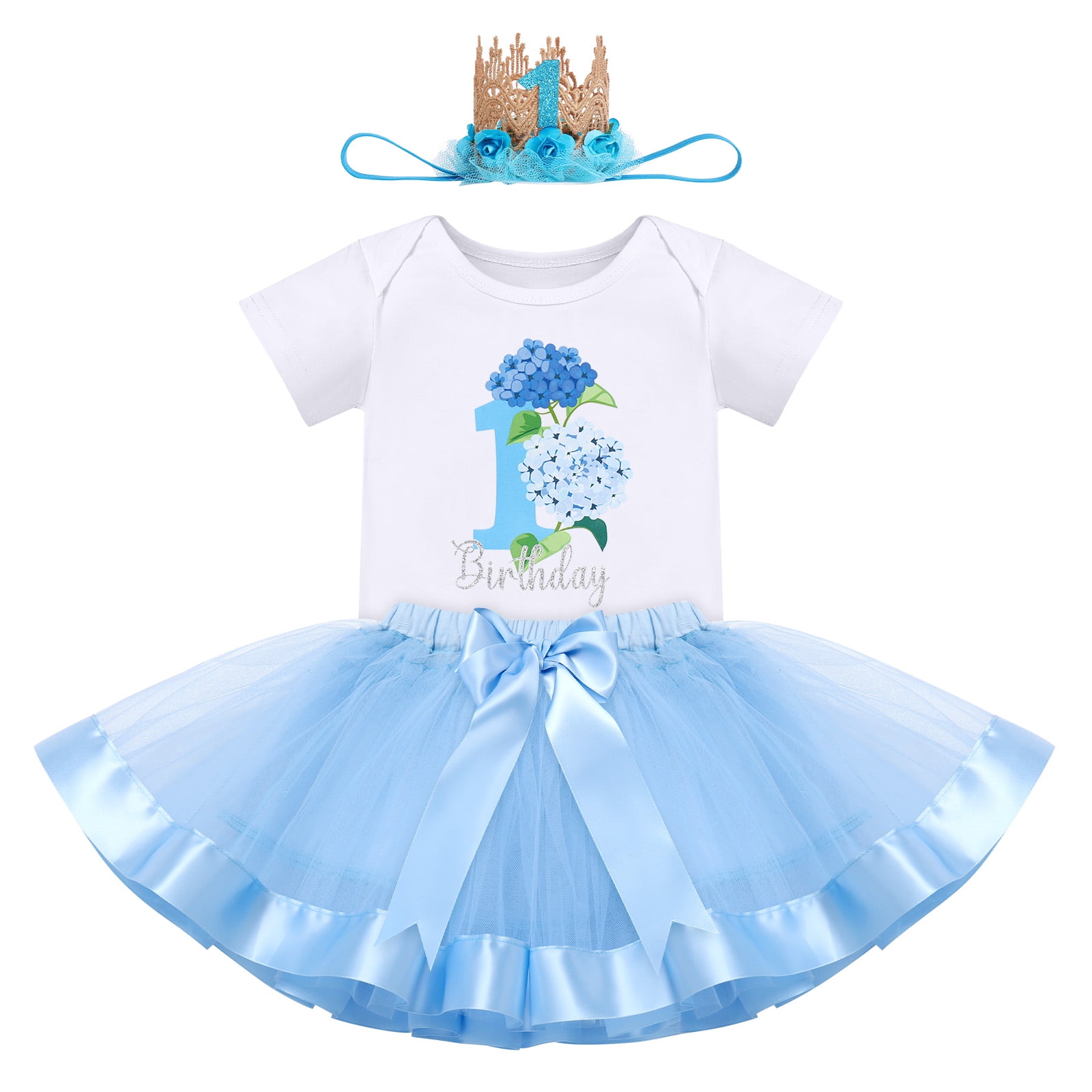 IBTOM CASTLE Infant Baby Girl One Year Old Birthday Outfit Floral Lace Party Cake Smash Romper + Tutu Skirt + Crown Clothes Set for Photo Shoot 1 Year Blue - Flower