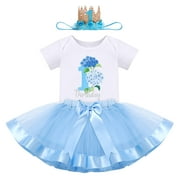 FYMNSI Baby Girl First Birthday Outfit Flower Theme Cotton Short Sleeve Romper Tutu Tulle Skirt Crown Headband 3pcs Set 1Y Blue