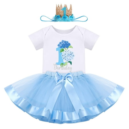 FYMNSI Baby Girl First Birthday Outfit Flower Theme Cotton Short Sleeve Romper Tutu Tulle Skirt Crown Headband 3pcs Set 1Y Blue