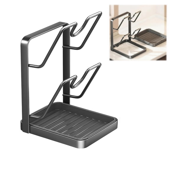 Kitchen Pot Lid Storage Rack, Pot-Lid Cutting Board Holder With Removable Drip Tray, Space-Saving Kitchen Pot Cover Organizer Stand for Countertop (Black Double-layer)