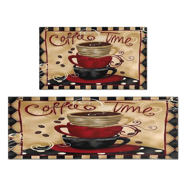 Coffee Farmhouse Plaid Kitchen Rugs and Mats Set Of 2,Kitchen Rugs Mats with Dirty Resistance,washable,Non-Slip,kitchen Rugs and Mats 17.7x24+17.7x48inch