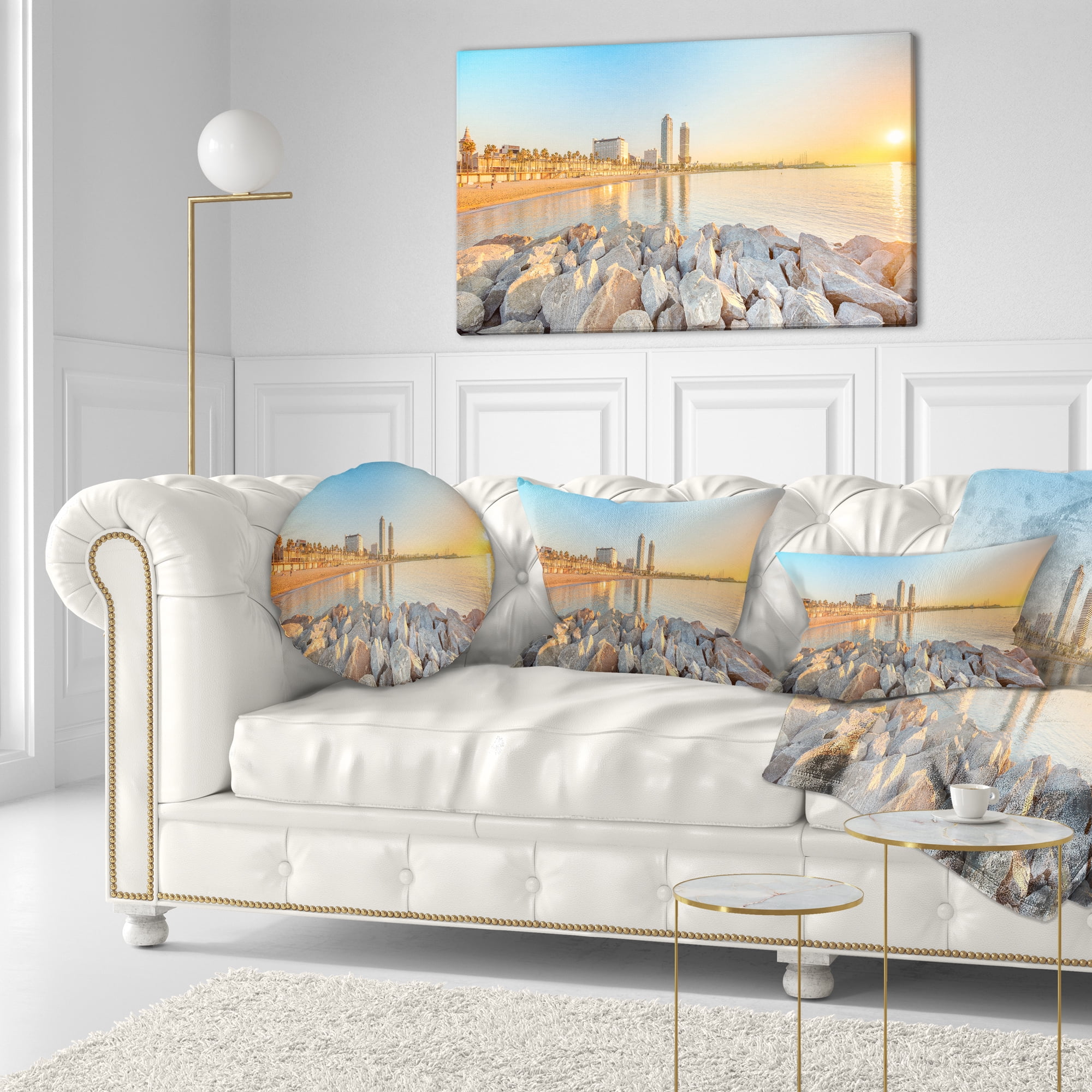 Designart Barceloneta Beach in Barcelona - Seashore Photo Throw Pillow - 12x20