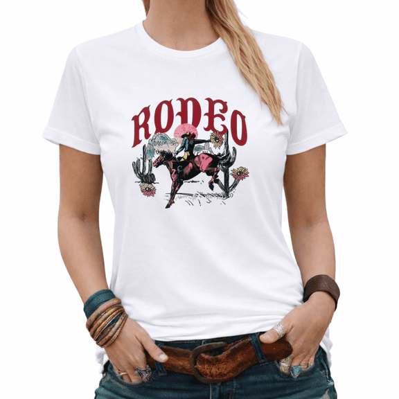 Rodeo Cowboy Western Womens Print Tshirt Graphic Tees Black/White S-5XL Tops