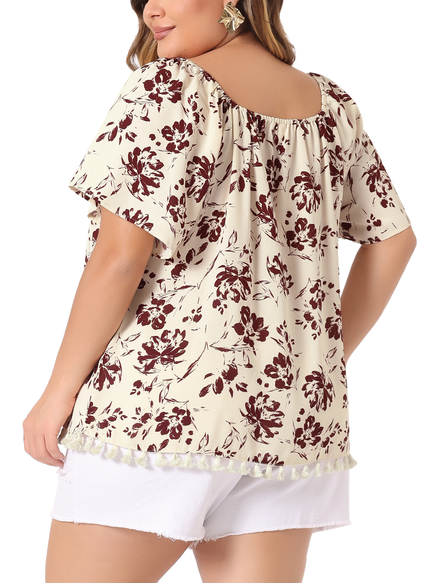 DARING DIVA Women's Plus Floral Off Shoulder Tassel Hem Top 4X Apricot