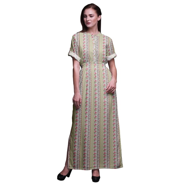 Bimba Robe Longue d'Été en Rayonne à Rayures/feuilles et Imprimé Floral de Roses, Manches Kimono, Fente, X-Grand