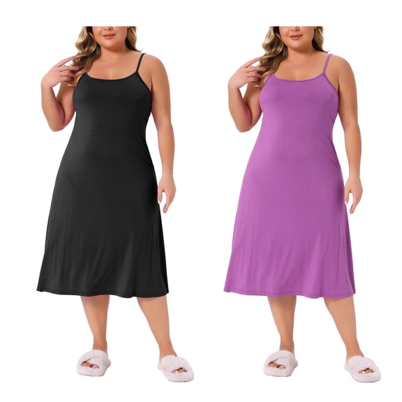Agnes Orinda Women's Plus Size 2 Pieces Nightgown Spaghetti Strap Slip Cami Lounge Sleepdress 1X Purple/Black