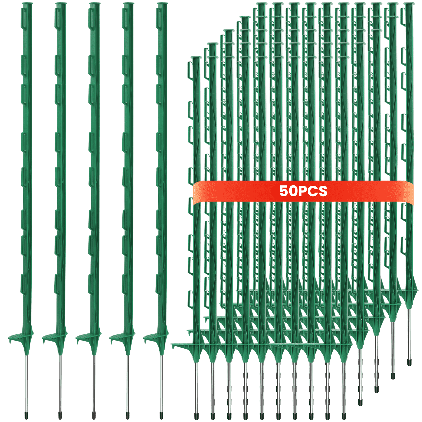 Electric Fence Posts 50 Pack, Green 48-Inch Step-in Plastic Fence Posts, Temporary Sturdy Fencing Posts for Farm, Garden and Yard