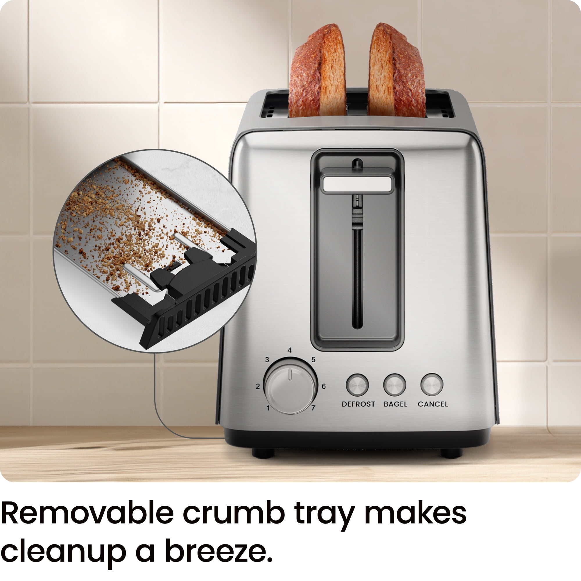 Chefman 2 Slice Toaster with 7 Shade Settings, Removable Crumb Tray, Bagel & Defrost Modes — Black