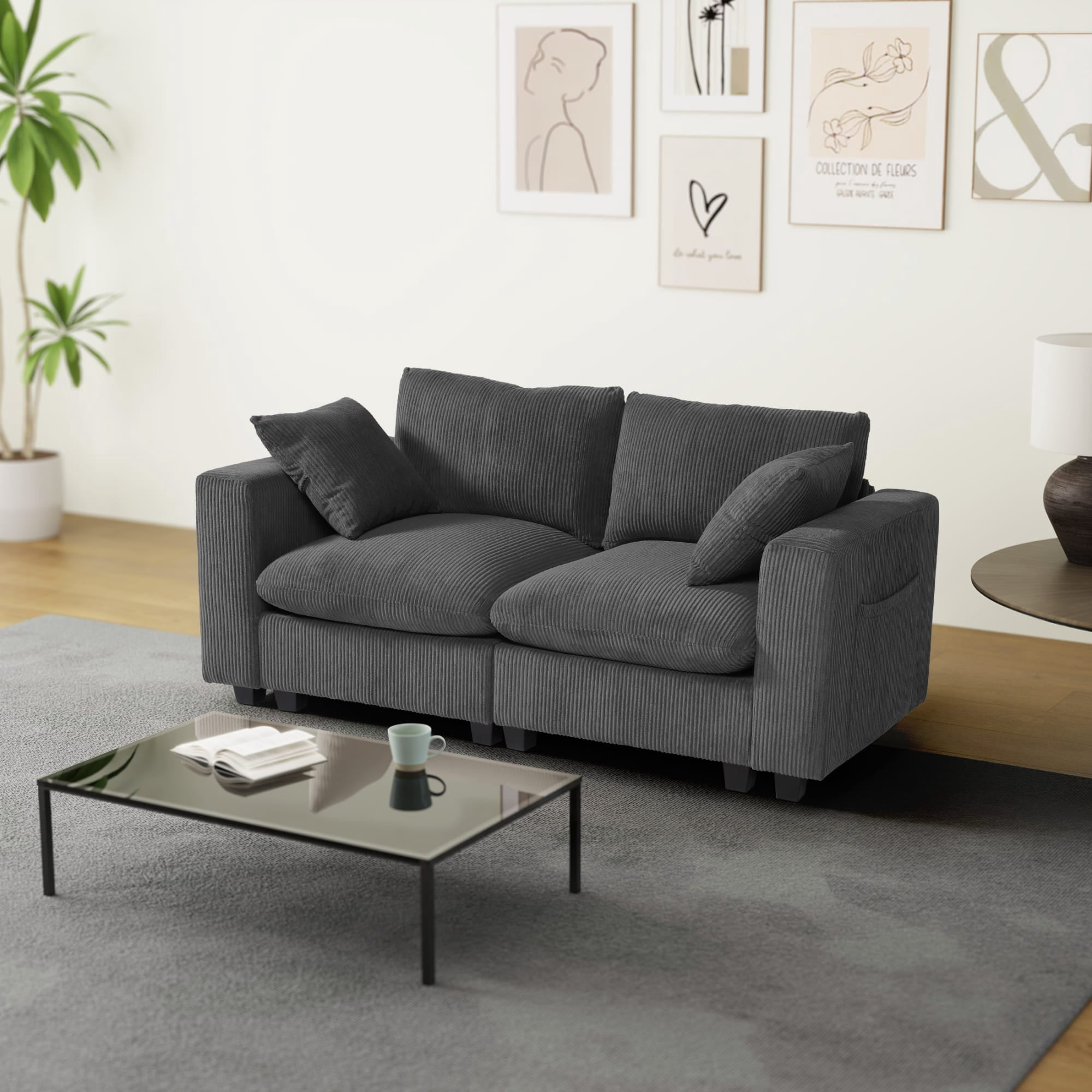 WestinTrends Hearthside 70" Modular Corduroy Loveseat Sofa With USB/Type-C Ports and Side Pockets, Charcoal Gray