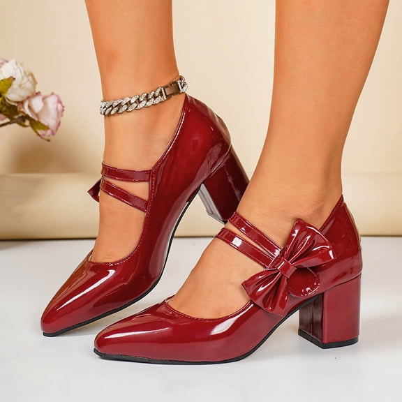 Xucatan Women's Plus Size Heeled Sandals, Glossy Patent Pointed Toe with Oversized Bow Accent, Sturdy Block Heel Dressy Footwear Gift