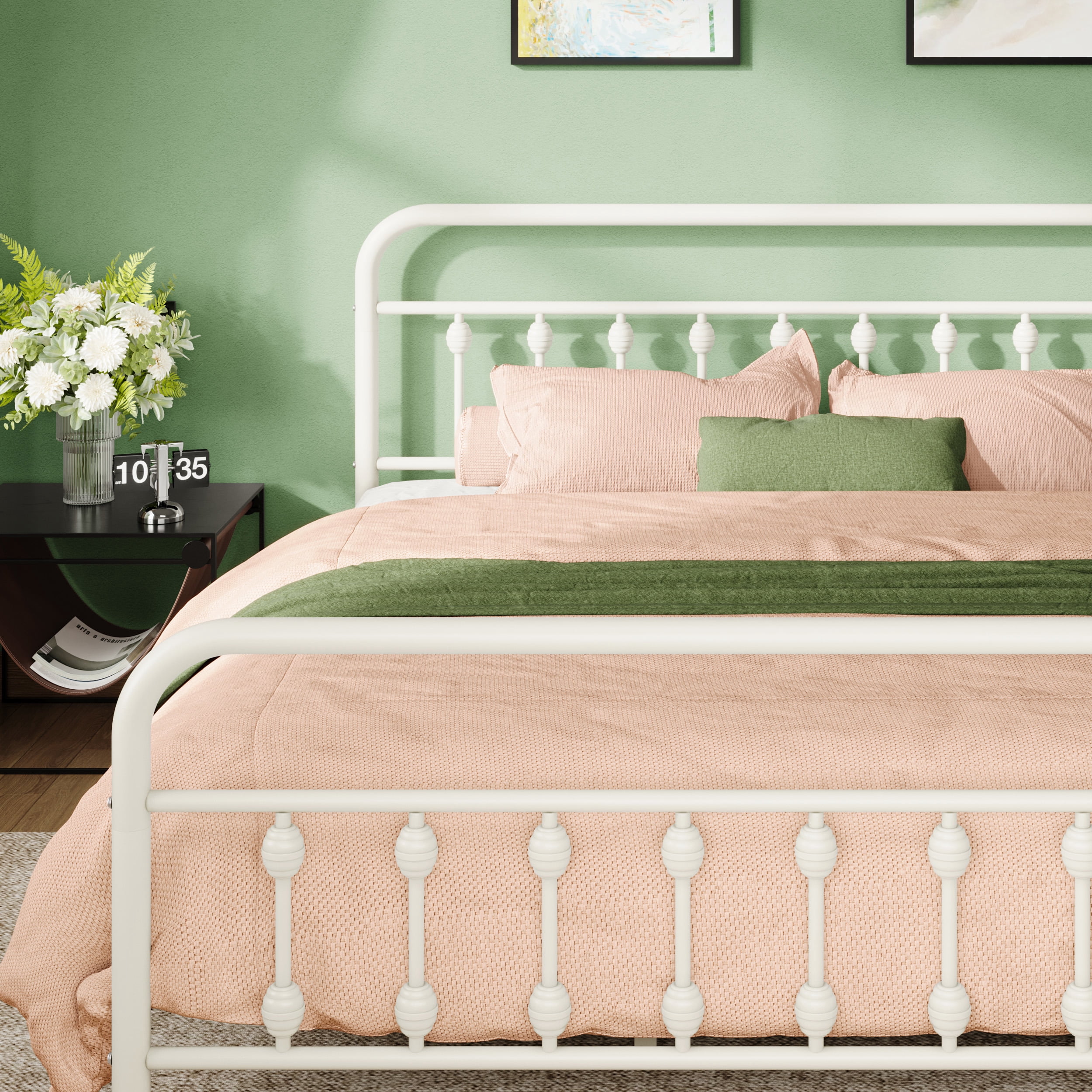 Allewie King Metal Platform Bed Frame with Vintage Pattern Headboard/Footboard, No Box Spring Needed, White