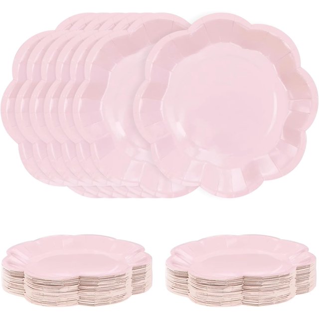 50 platos de papel rosa claro de 7 pulgadas, platos de postre festoneados color rosa para fiesta, cena, boda, baby shower, cumpleaños, pastel