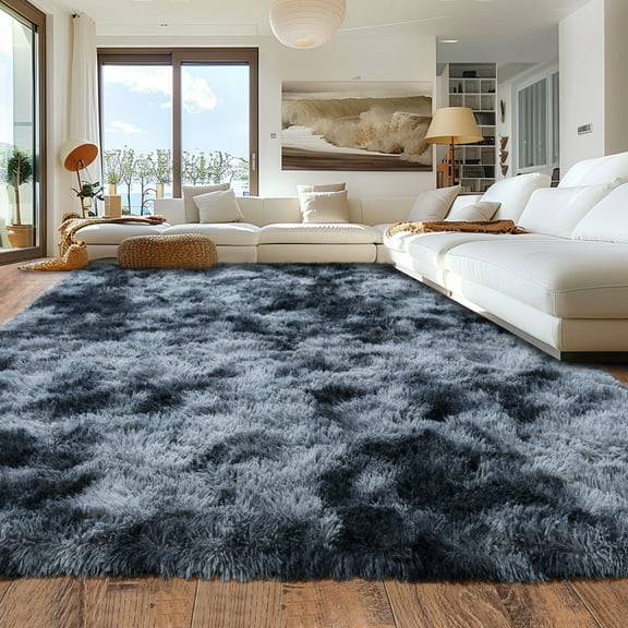 ZENELESS Large Fluffy Rugs for Living Room,8x10ft Rectangular Shag Rug Carpets for Living Room Bedroom Nursery Tie-dye Blue&Gray