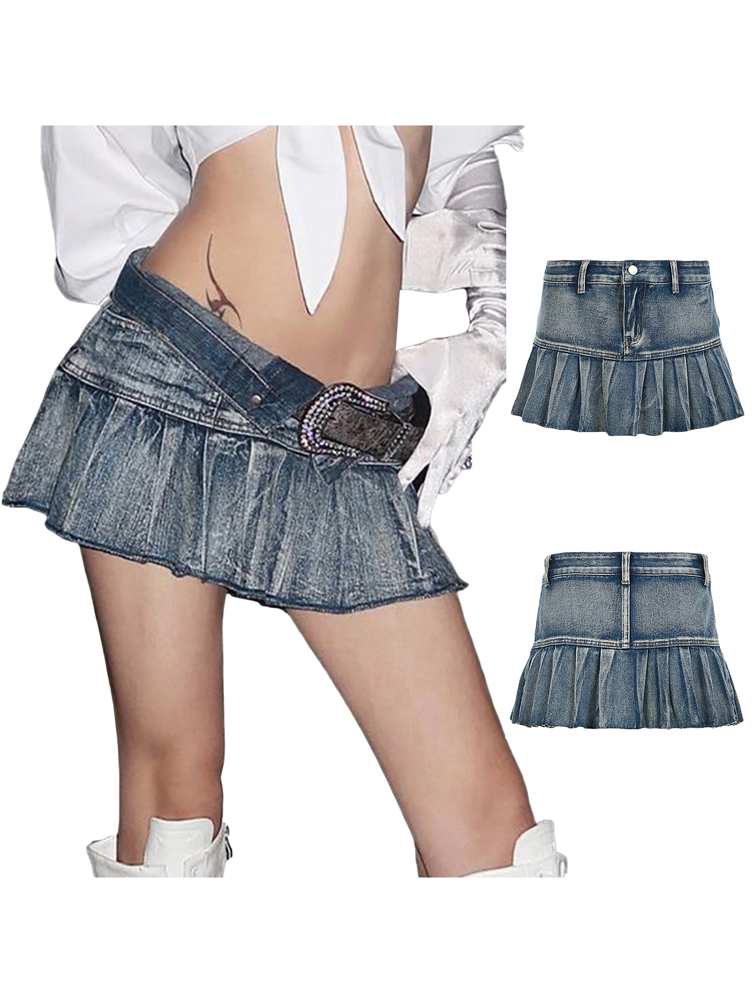Tsseiatte Women's Mini Jean Skirts Fashion Low Waist Pleated Denim