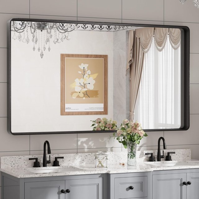 TETOTE 55x30 Inch Bathroom Mirror, Matte Black Modern Metal Frame Rectangle Modern Farmhouse Wall Mounted Vanity Mirror (Horizontal/Vertical)