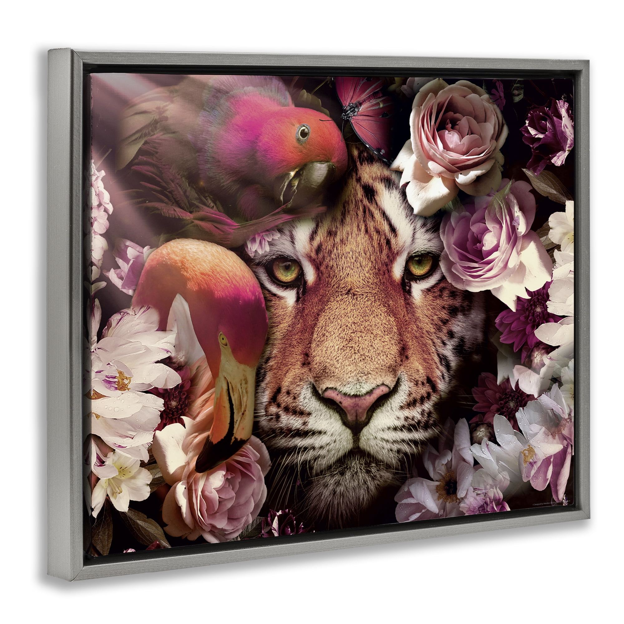 Stupell Industries Tropical Birds & Tiger Animals Painting Gray Floater Framed Canvas Art Print Wall Art, 31 x 25