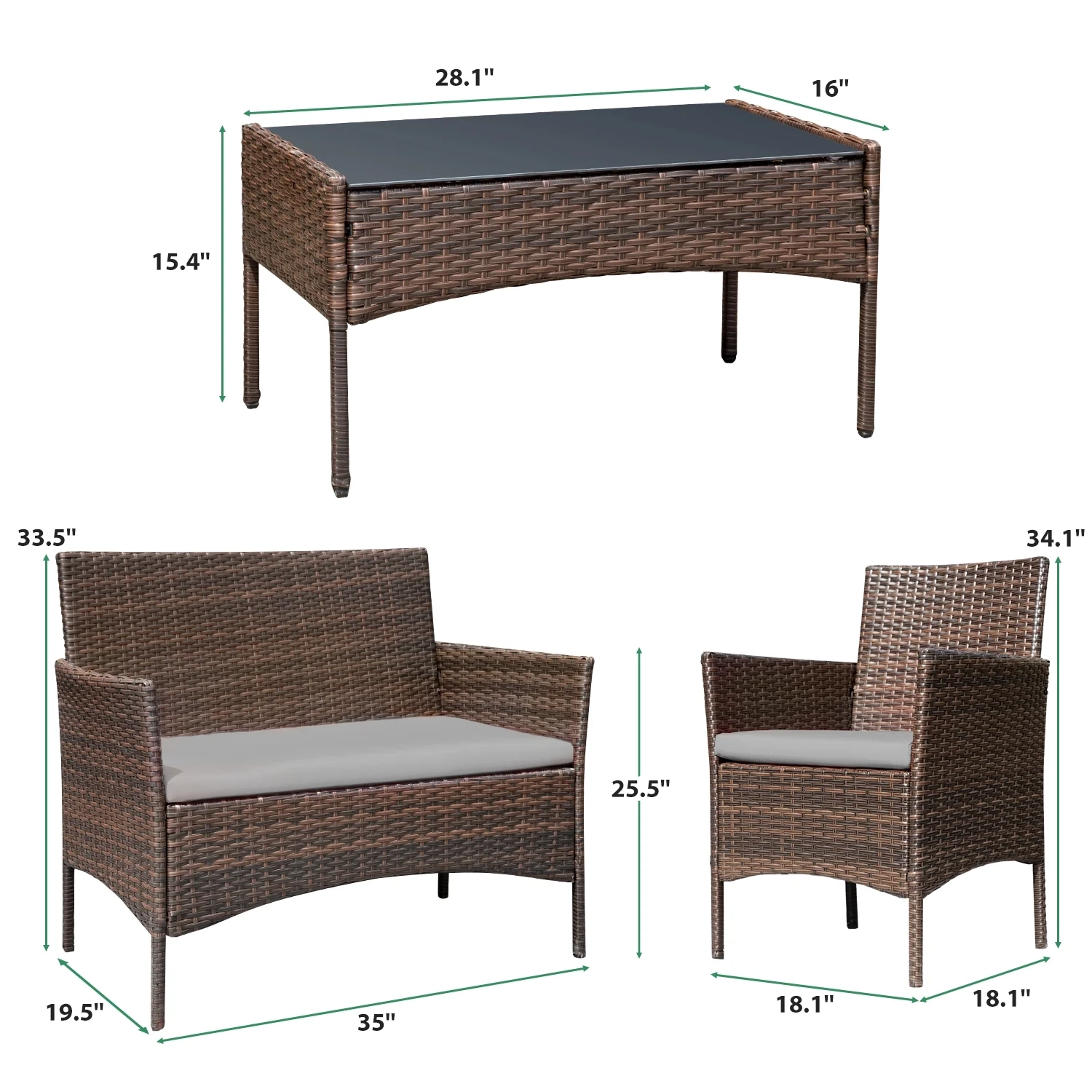 Devoko 4 Pieces Outdoor Patio Conversation Set PE Rattan Wicker Furniture Set, Brown/Gray