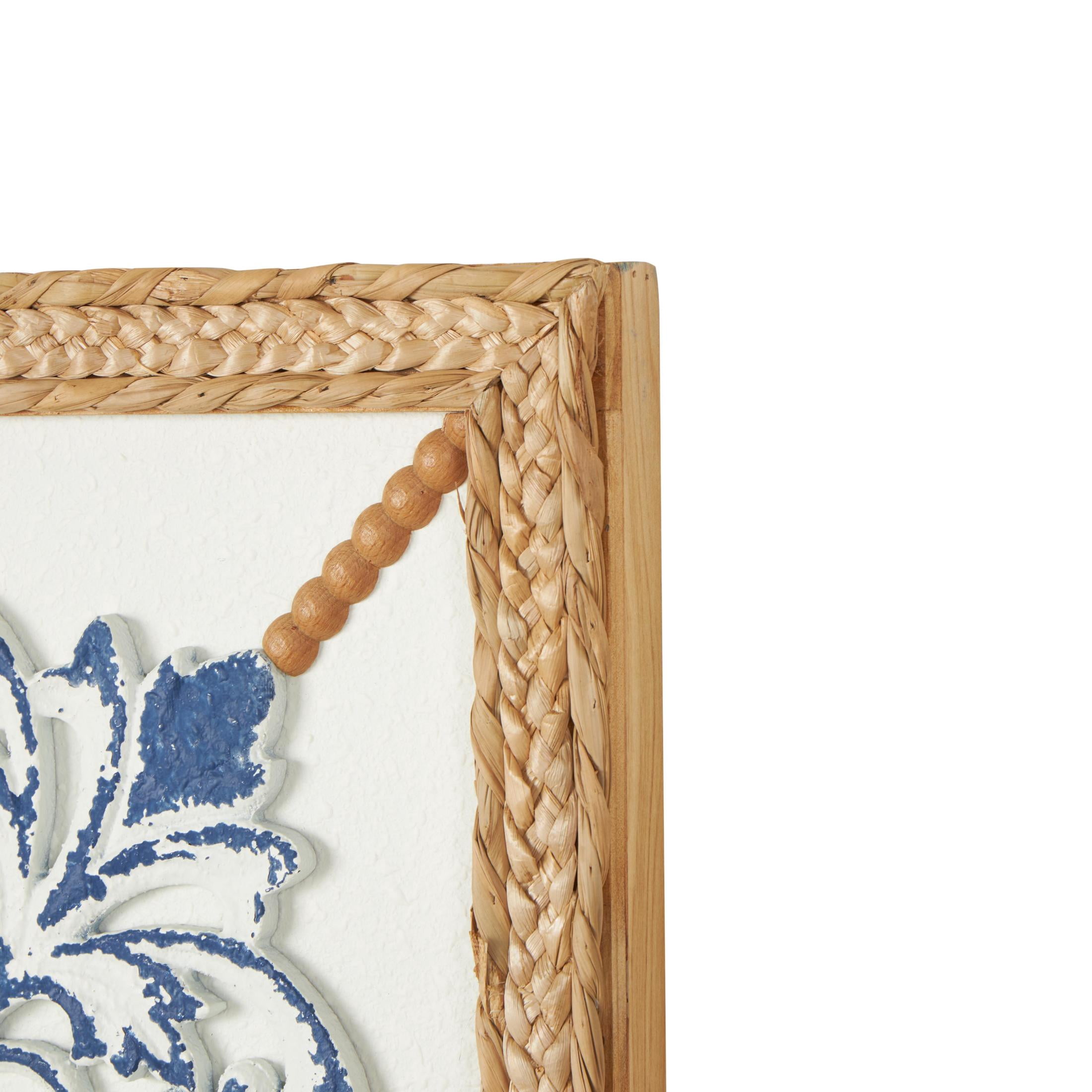 DecMode Blue Wood Relief Floral Wall Decor with Brown Woven Seagrass Frame and White Backing