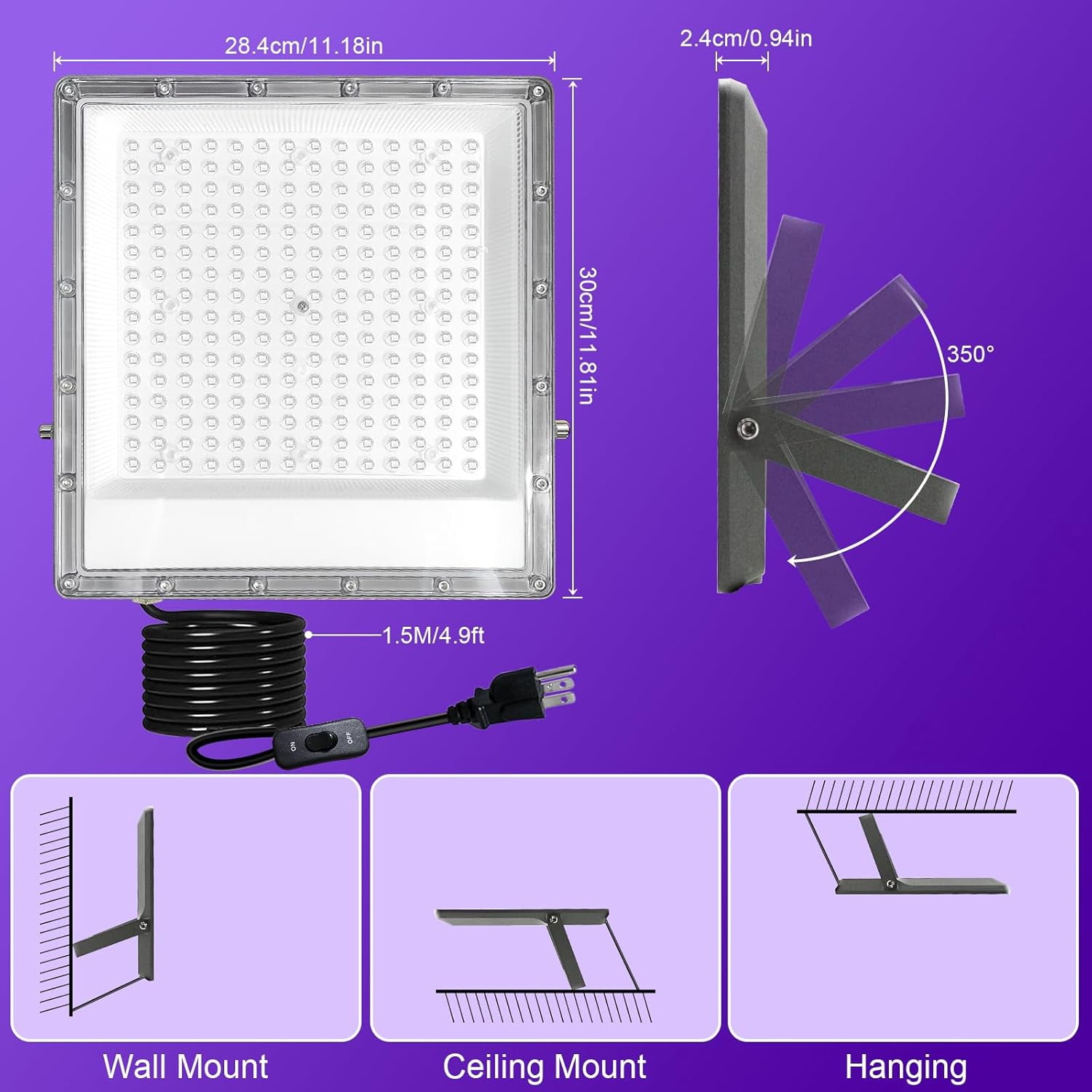 Indmird 1 pack 200W UV Black Light, IP65 Waterproof, for Black Light Party, Halloween, Stage Lighting, Body Paint, Fluorescent Poster, Neon Glow