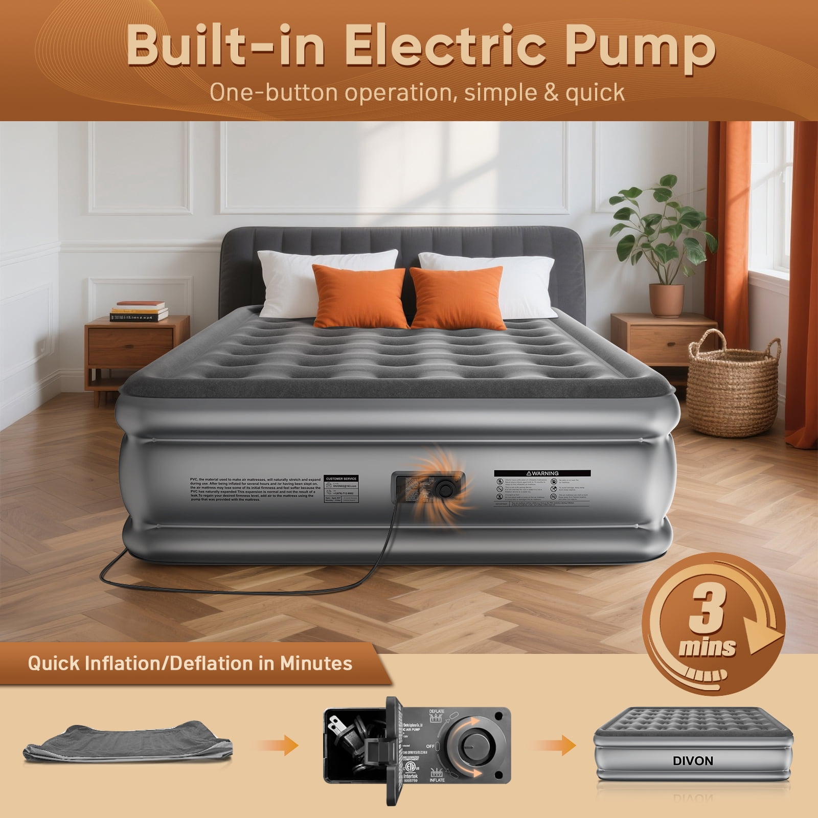 Divon Queen Air Mattress with Built-In Pump, 18-inch Elevated Inflatable Airbed, Portable Blow Up Bed for Guests, Game Night Sleepovers, Gray