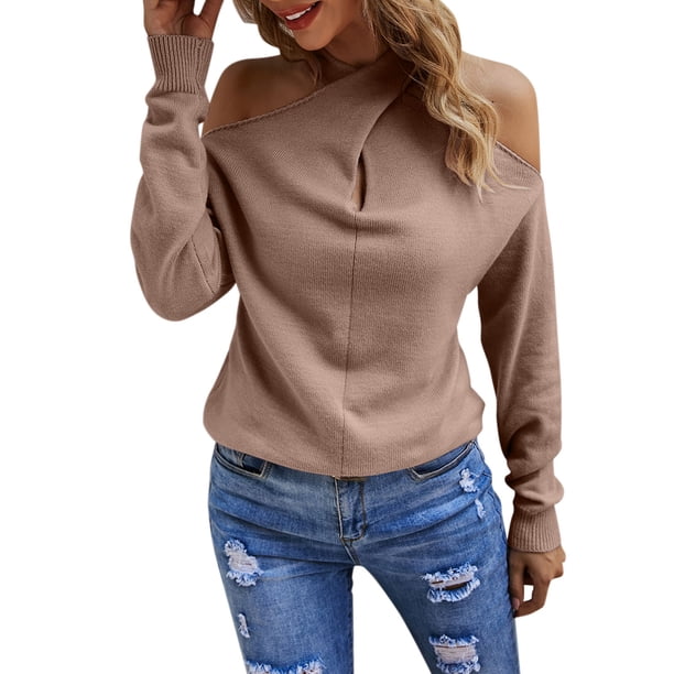 Gibobby Sudadera con estampado de Navidad para mujer Suéteres de color sólido para mujer, blusas casuales con hombros descubiertos, cuello en V cruzado, manga larga (Rosa, S)