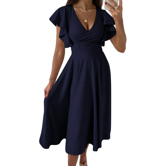PRETTYGARDEN Women's Summer Midi Dress Ruffle Cap Sleeve V Neck Cocktail Party Swing A Line Fit and Flared Dresses
