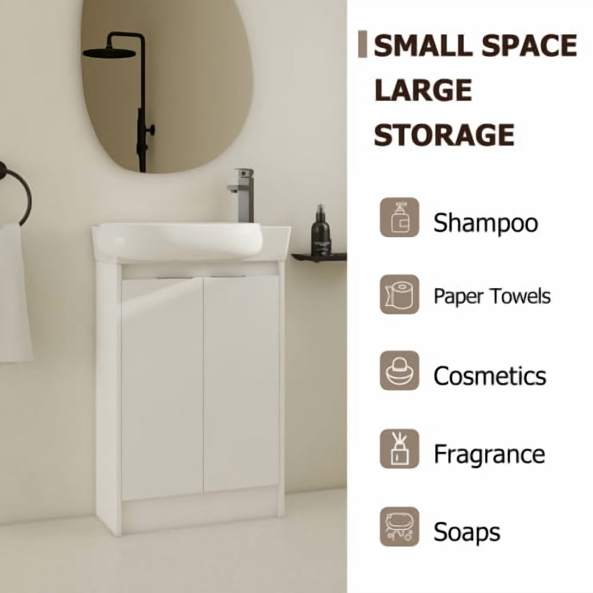 23 inch Freestanding Bathroom Vanity with Sink, Modern Compact Vanity with Soft Close Doors, Small Space Bathroom Storage Cabinet, Glossy White