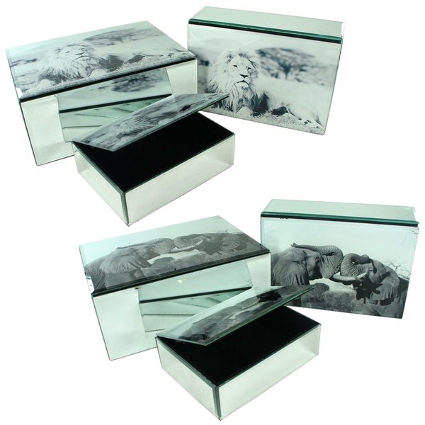 Boîte en Verre Décorative Imprimée Trois Pièces, Assortiment de Deux, Gris et Blanc