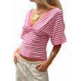 thumbnail image 3 of Gynyvoja Women'S Reversible V-Neck Short Sleeve Striped Fitted Cropped T-Shirt Pink S, 3 of 9