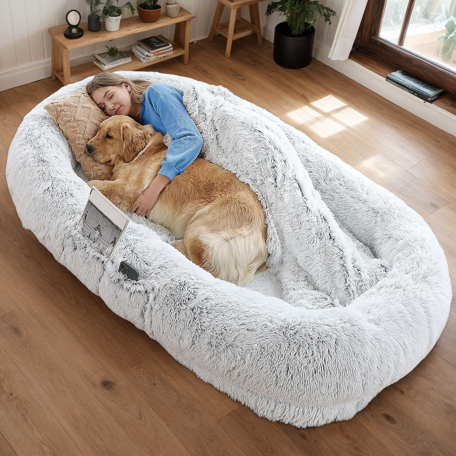 CQSXDA Grey Faux Fur Human Dog Bed 71x45 Inches Washable Orthopedic Sleeping Solution for People and Pets