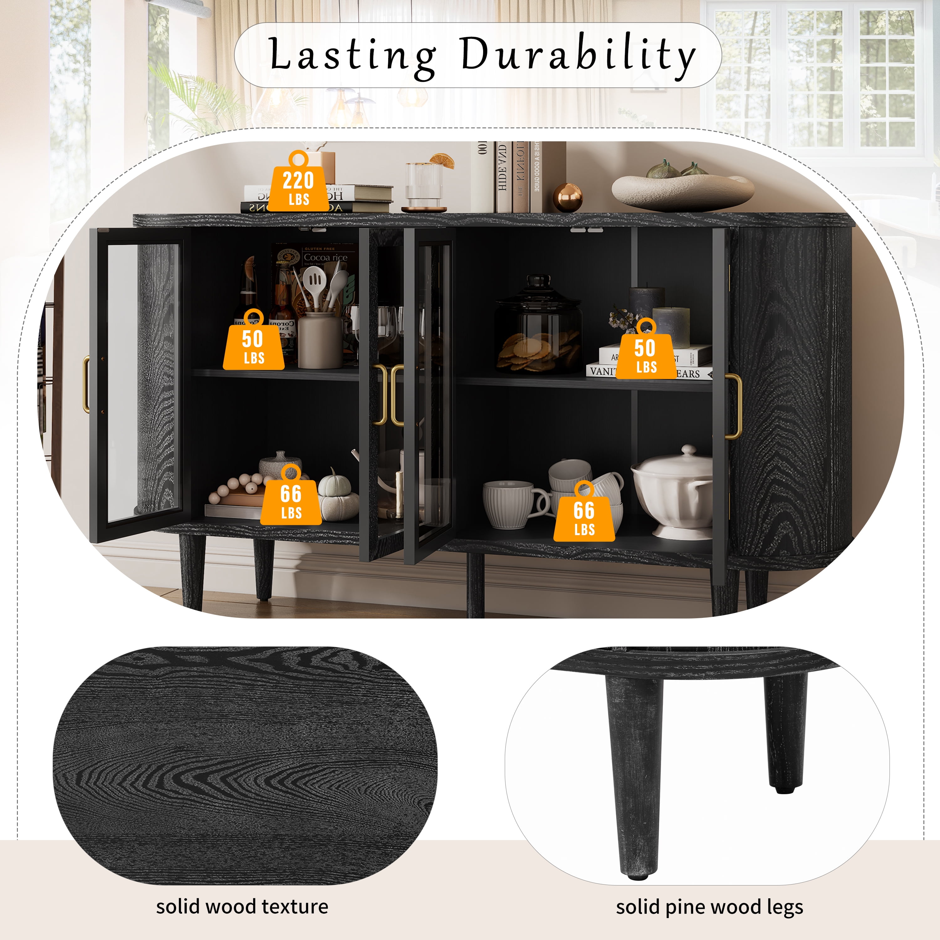 Euroco Farmhouse Sideboard Buffet Cabinet with Storage,60" Wood Coffee Bar Cabinet with Glass Doors & Adjustable Shelves for Kitchen Dining Room,Black