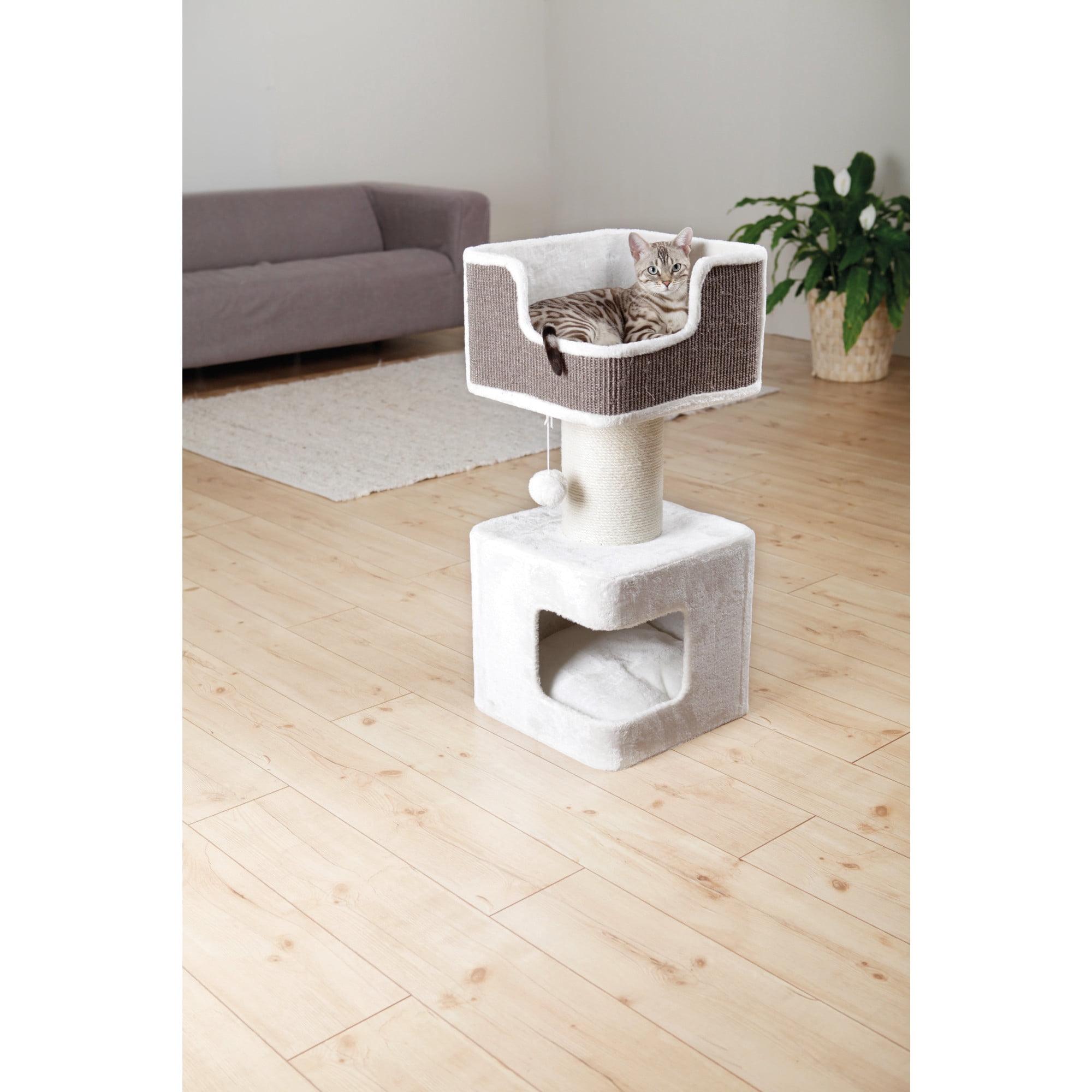 TRIXIE Ava XXL Jute & Plush 2-Level 34" Cat Tree with Scratching Post & Condo, Gray