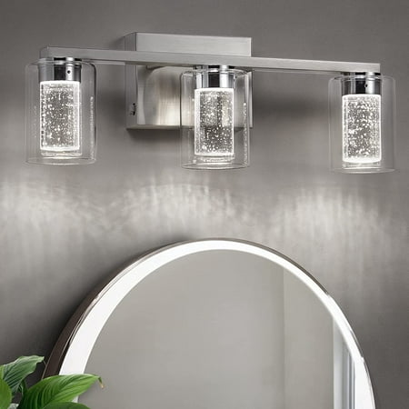 

Fixtures 4 Light Brushed Nickel Vanity Light Over Mirror 3 Color LED Bathroom Vanity Lights with Crystal Bubble Glass Dimmable Bubble Wall Sconce Lighting for Bathroom Living Room