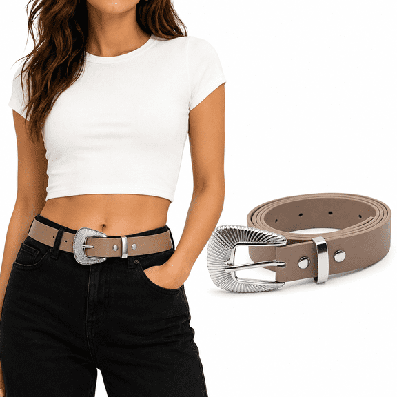TRISJEM Women's PU Leather Belt with Silver Statement Buckle, Adjustable Fashion Waist Belt for Jeans Dresses