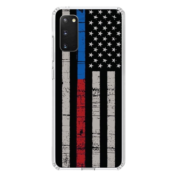 DistinctInk Clear Shockproof Hybrid Case for Galaxy S20 PLUS / 5G (6.7" Screen) - TPU Bumper, Acrylic Back, Tempered Glass Screen Protector - Thin Blue Line Thin Red Line US Flag - First Responders