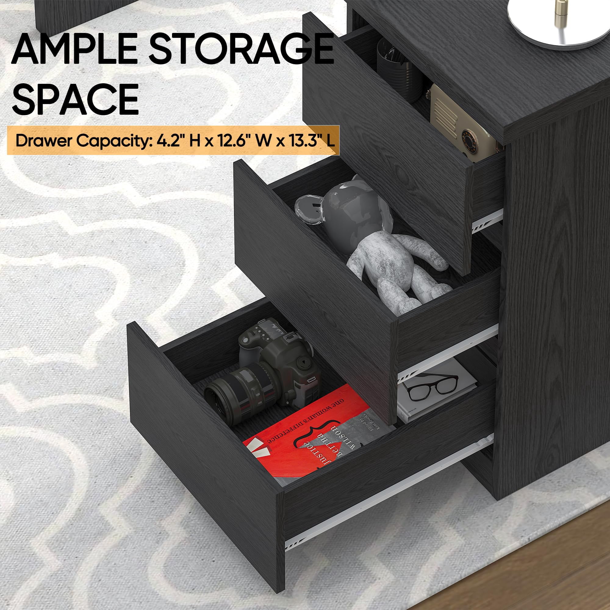Computer Desk with Drawers, Wood Work Desk, Home Office PC Desk Workstation with Storage, Modern Gaming Computer Table for Bedroom, Living Room, 53.5 inches, Black