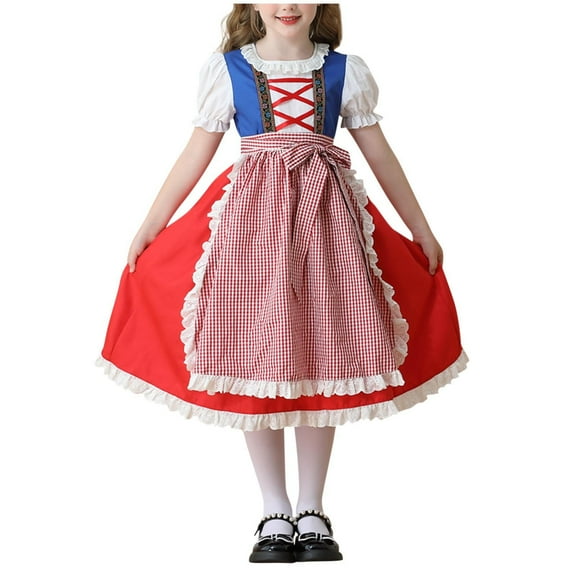 SERTG Girls Oktoberfest Maid-Style Set 3-Piece Puff Sleeve Round Neck Dress   Apron Cottagecore Theme Dress-Up Skirt Outfit for Kids 5-12 Years(Red,5 Years)